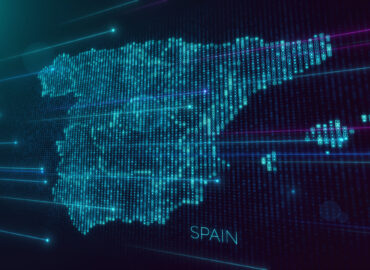 Abstract Futuristic Blue Violet Shiny Perspective Square Hud Particles Mosaic Grid And Text Of Faint Administrative Spain Map With Dotted Lines Light Flare