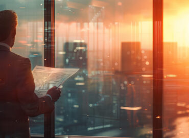 Focused public relations officer reading a press release, modern office space with windows and city view, octane render, 32k, UHD