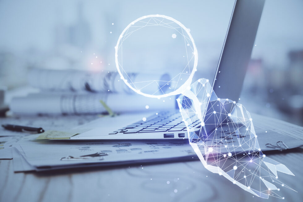 Digital illustration of a hand made of network connections interacting with a laptop keyboard, symbolizing technology, digital transformation, and data analysis.