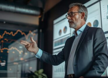 A business professional presenting financial data with charts and graphs displayed on a screen in the background, illustrating growth trends and performance analysis.